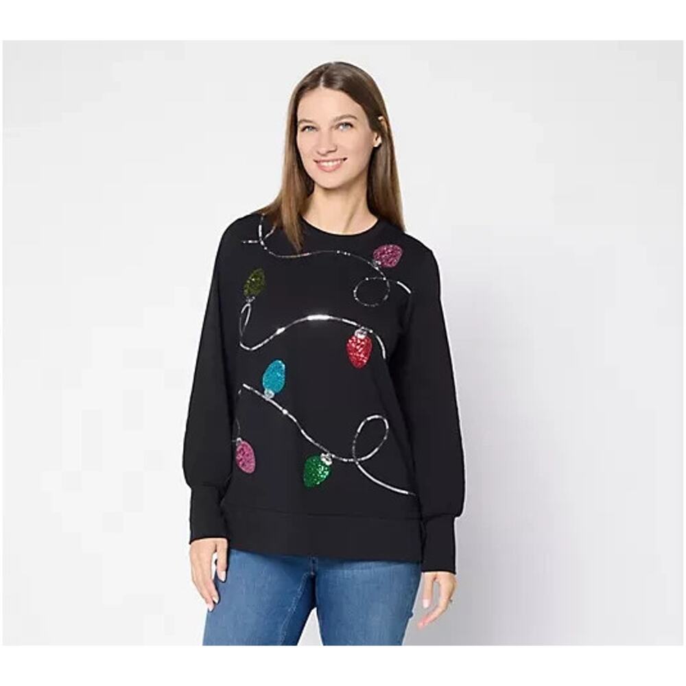Jingle Belles by Kim Gravel Sequin Holiday Lights Knit Top Black Large A708246